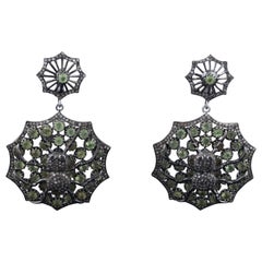 Vintage Silver Green Peridot Earrings, Antique Victorian Diamond Dangle Earrings