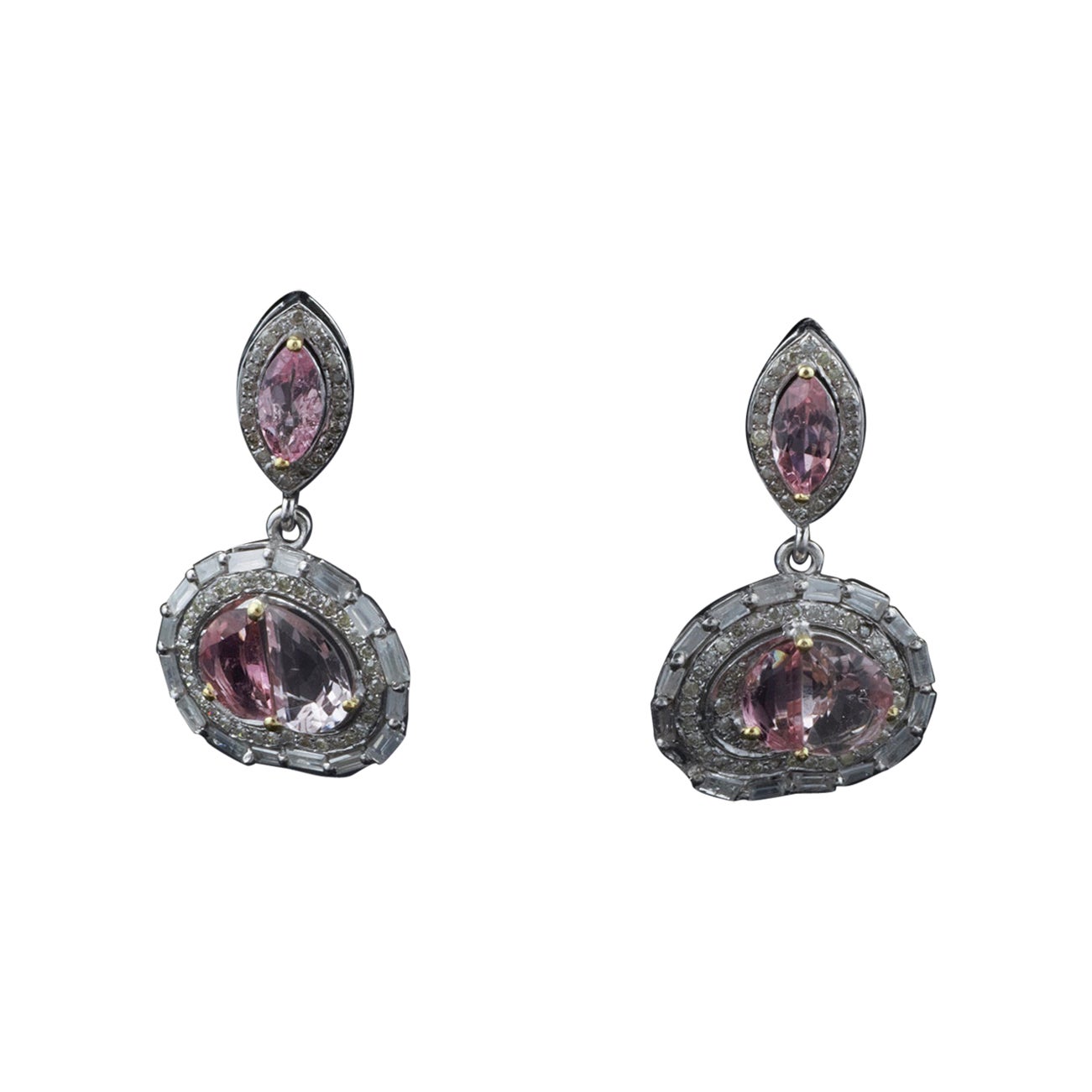 1.65 Diamond Silver Earrings, Victorian Style Antique Morganite Dangle Earrings For Sale