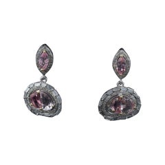 1.65 Diamond Silver Earrings, Victorian Style Antique Morganite Dangle Earrings