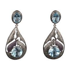 Antique Victorian Aquamarine Dangle Earrings, Diamond Pink Sapphire Earrings