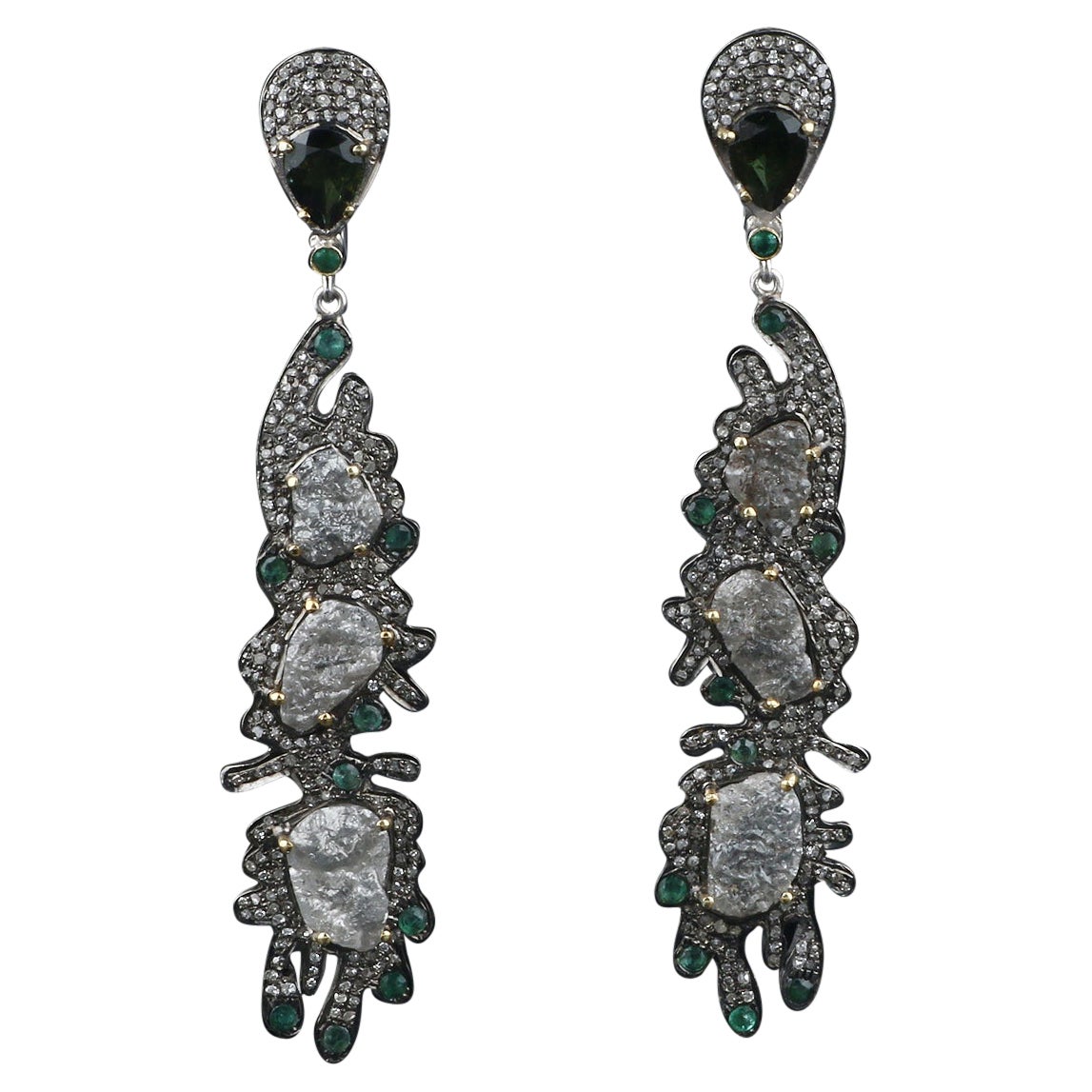 Victorian Style Silver Diamond Earrings, Emerald Green Tourmaline Earrings For Sale