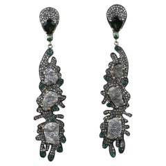 Victorian Style Silver Diamond Earrings, Emerald Green Tourmaline Earrings