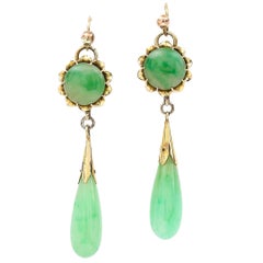 Vintage Art Deco 14 Carat Gold Jade Drop Earrings, circa 1940