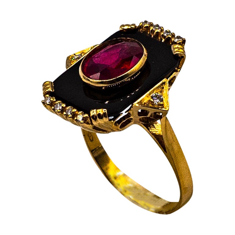 Art Deco Style White Diamond Oval Cut Ruby Onyx Yellow Gold Cocktail Ring For Sale
