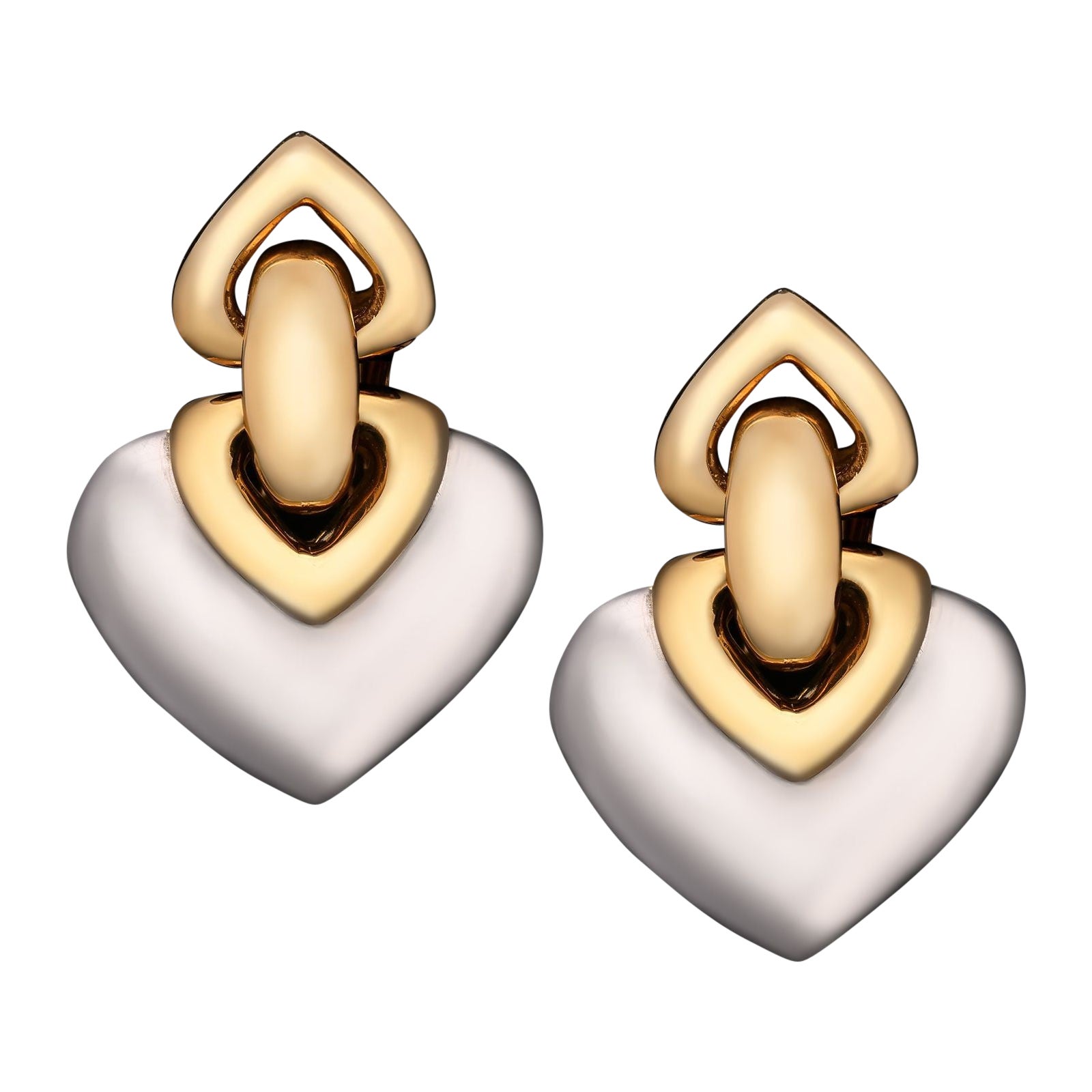 Bulgari 18ct Yellow Gold and Stainless Steel 'Doppio Cuore' Ear Clips For Sale