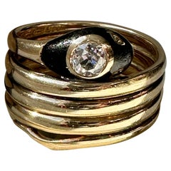 Edwardian 14k Black Enamel and Diamond Snake Ring