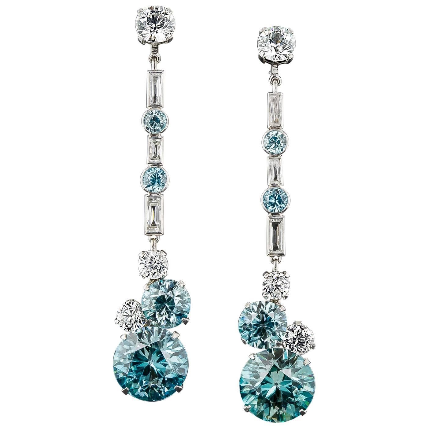1930s Convertible Long Blue and White Zircon Gold Earrings For Sale