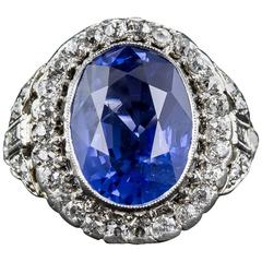 Art Deco 6.63 Carat GIA Cert No Heat Sapphire Diamond Platinum Ring