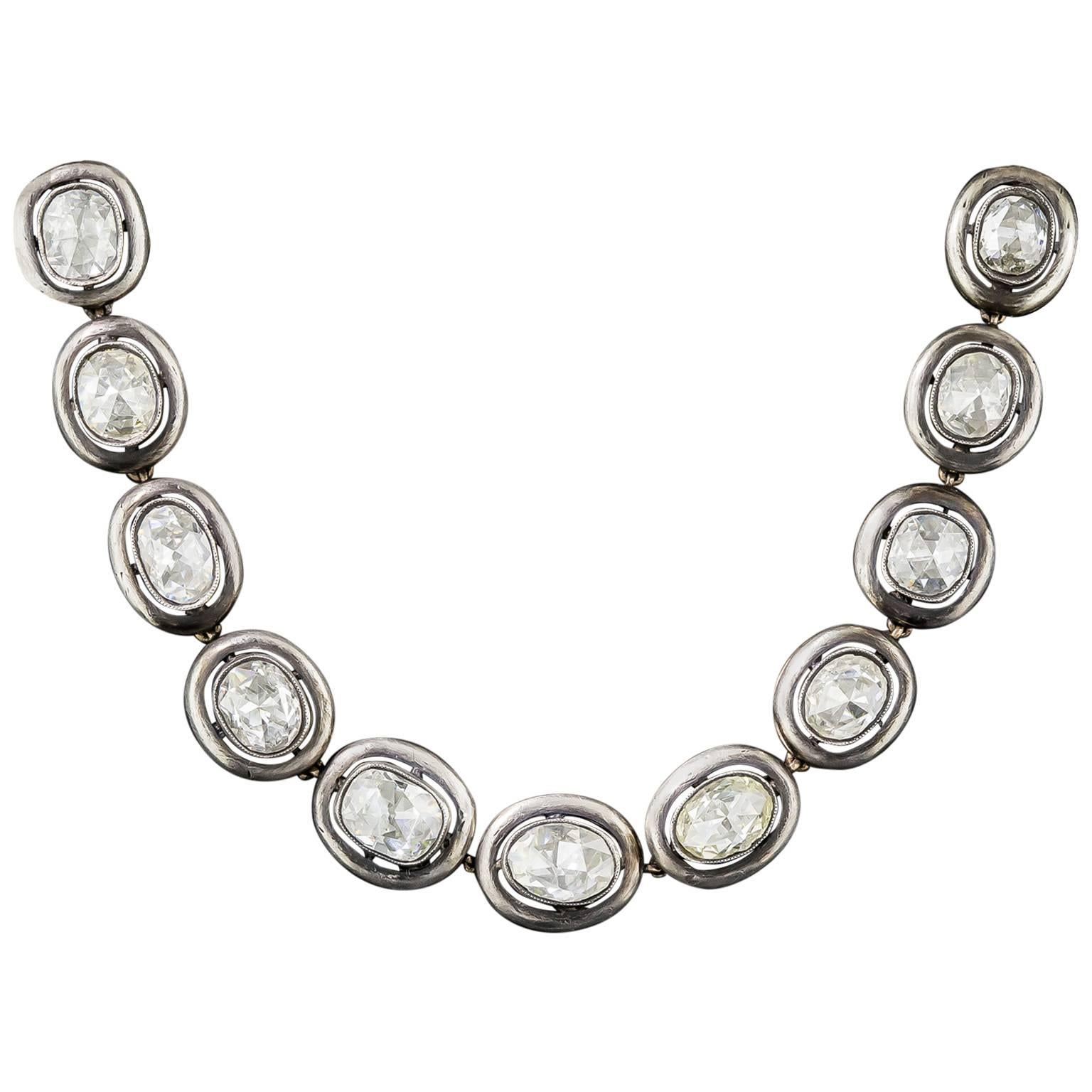 24 Carat Russian Rose-Cut Diamond Silver Gold Necklace For Sale