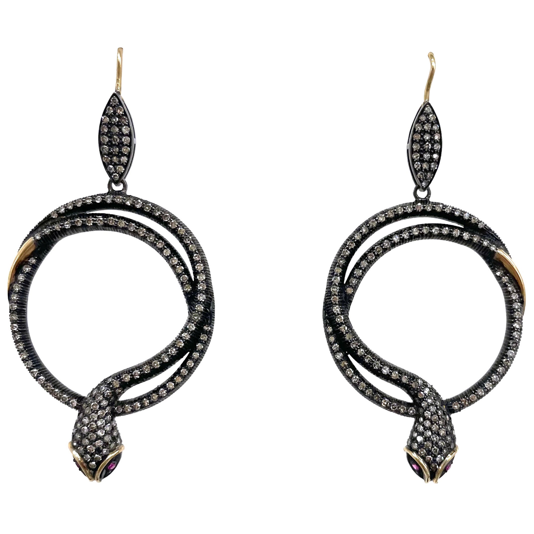 Snakes with Ruby Eyes and Diamonds Paradizia Earrings For Sale