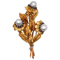 Vintage Mario Buccellati 1960 Milan Profumo Brooch in 18kt Yellow with Pearls & Sapphire