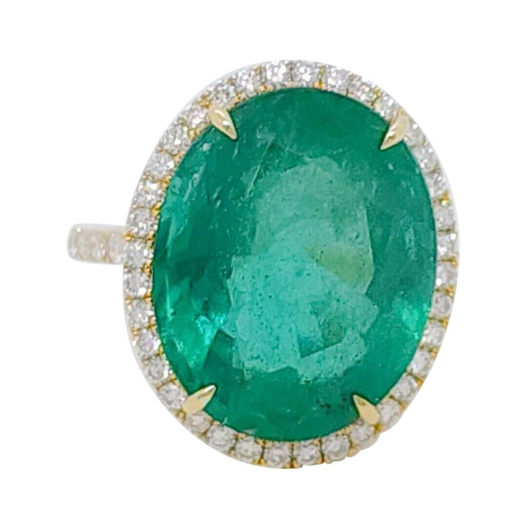Emerald Oval and White Diamond Cocktail Ring in 18k Yellow Gold For Sale