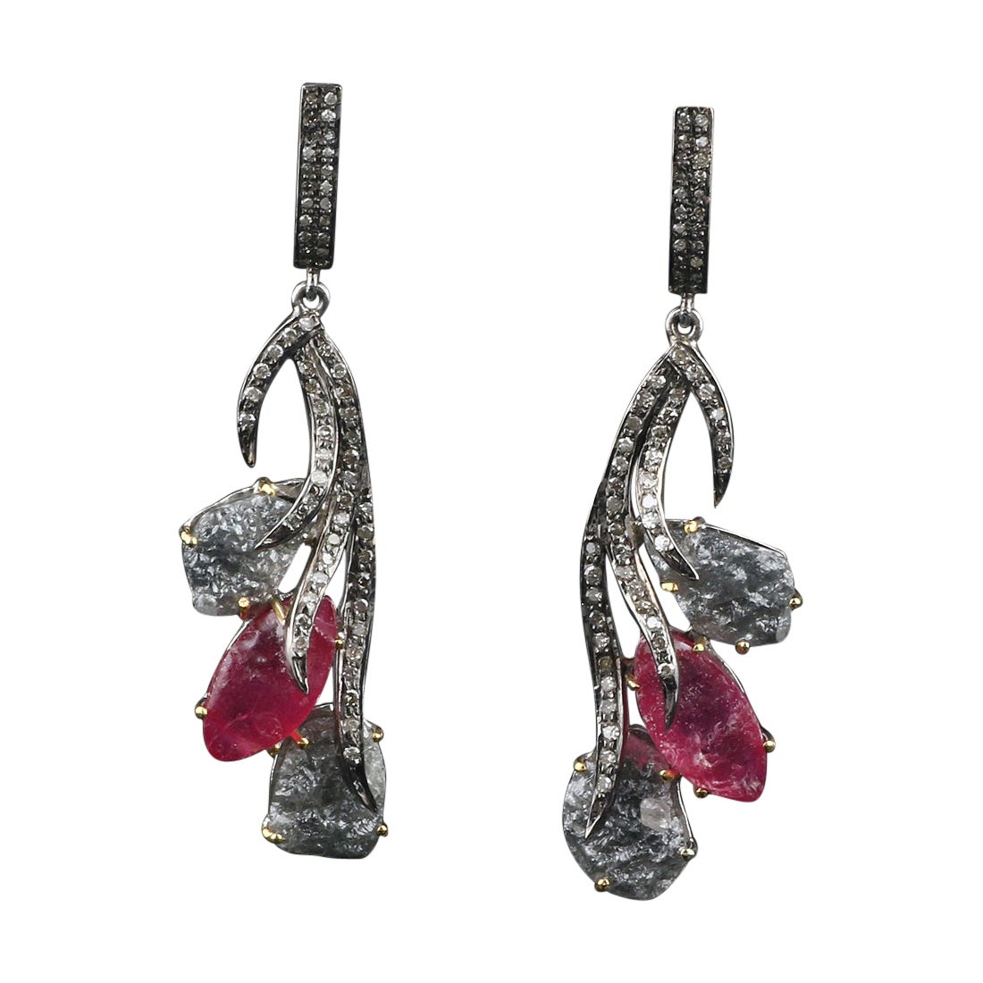 Antique Pink Tourmaline Silver Earrings, Victorian Style Diamond Dangle Earrings