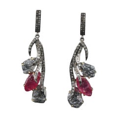 Pendants d'oreilles en argent avec tourmaline rose ancienne et diamants de style victorien