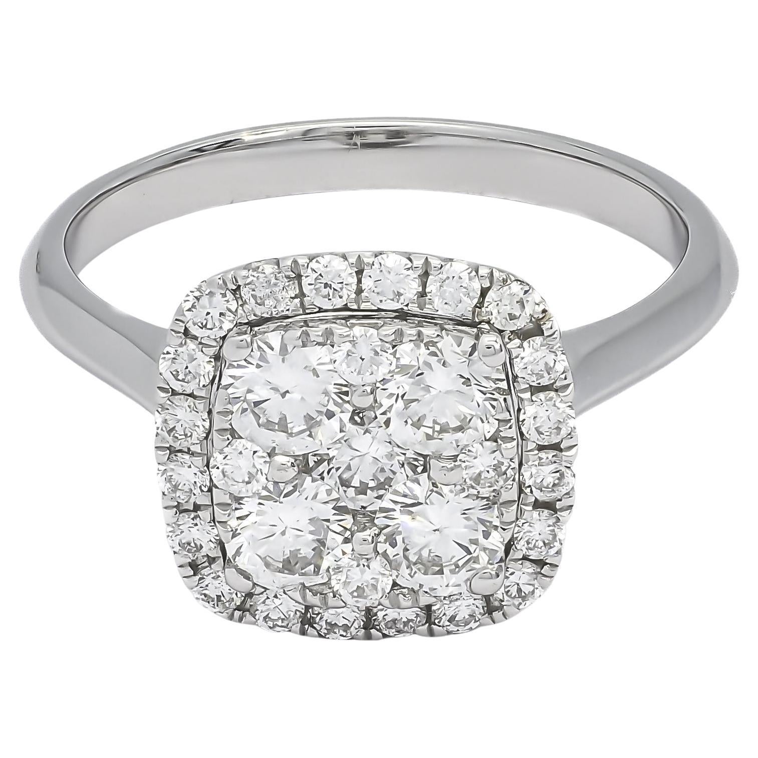 18 Karat White Gold Diamond Halo Cluster Bridal Modern Ring KR04138A For Sale