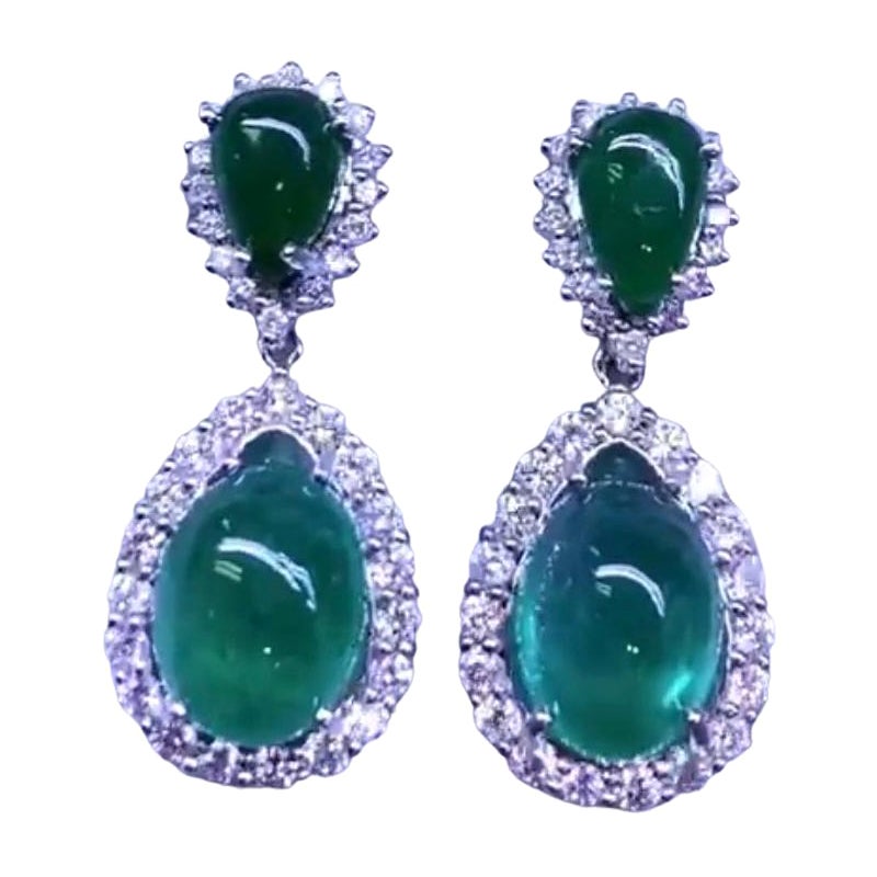 AIG Certified 29.60 Ct. Zambian Emeralds 2.98 Ct Diamonds 18K Gold Earrings