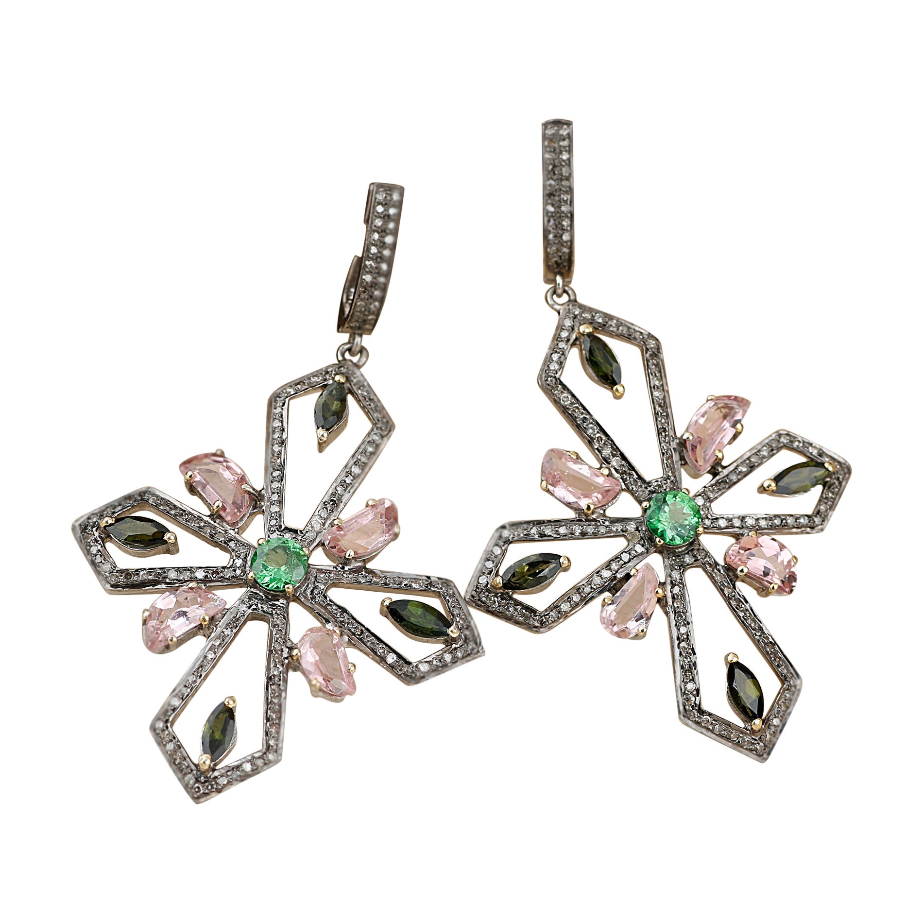 Victorian Style Diamond Silver Multi Gemstone Floral Dangle Earrings, 60X38