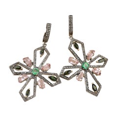 Pendientes Colgantes Florales Estilo Victoriano Diamante Plata Multigema, 60X38