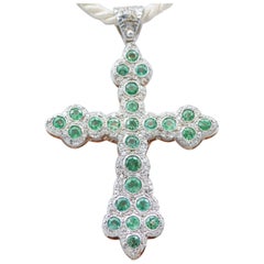 Emeralds, Diamonds, Rose Gold and Silver Cross Pendant Necklace