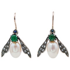 Vintage Emeralds, Sapphires, Diamonds, Pearls, Rose Gold and Silver Fly Shape Earrings