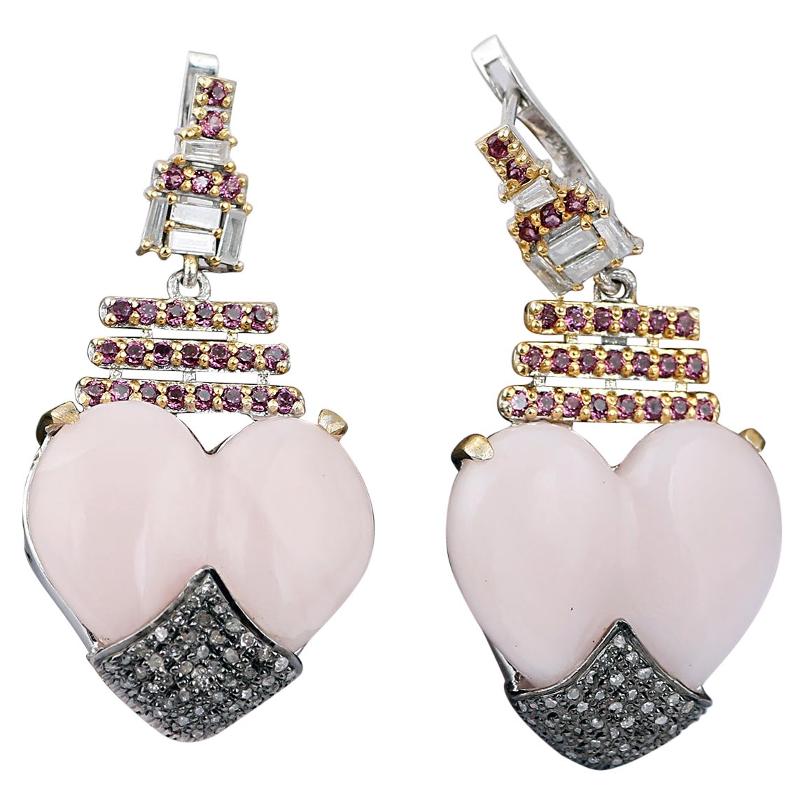 Victorian Style Silver Diamond Amethyst & Opal Heart Shape Dangle Earrings