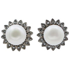 Pearls, Diamonds, 14 Karat Rose Gold and Silver Earrings