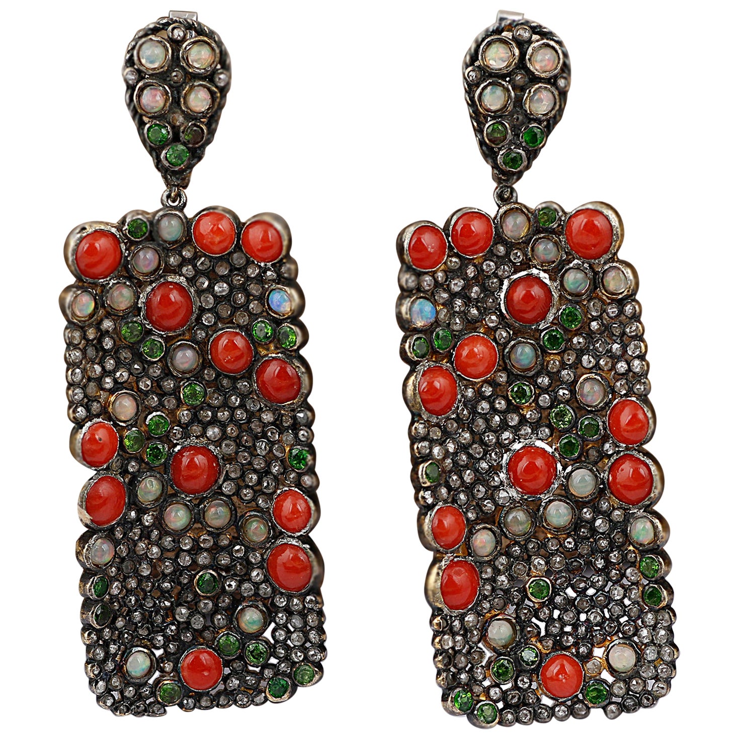 Victorian Style Silver Diamond & Coral, Tsavorite Ethiopian Opal Dangle Earrings For Sale