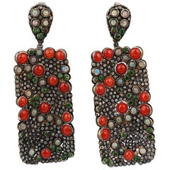 Victorian Style Silver Diamond & Coral, Tsavorite Ethiopian Opal Dangle Earrings