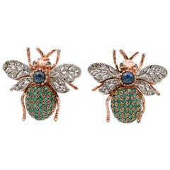 Emeralds, Sapphires, Diamonds, Rose Gold and Silver Fly Shape Earrings