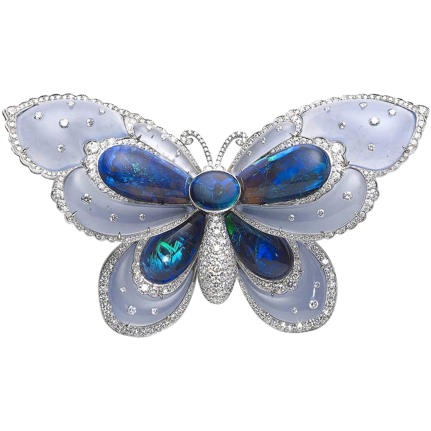 Opal Chalcedony Diamond Platinum Butterfly Brooch