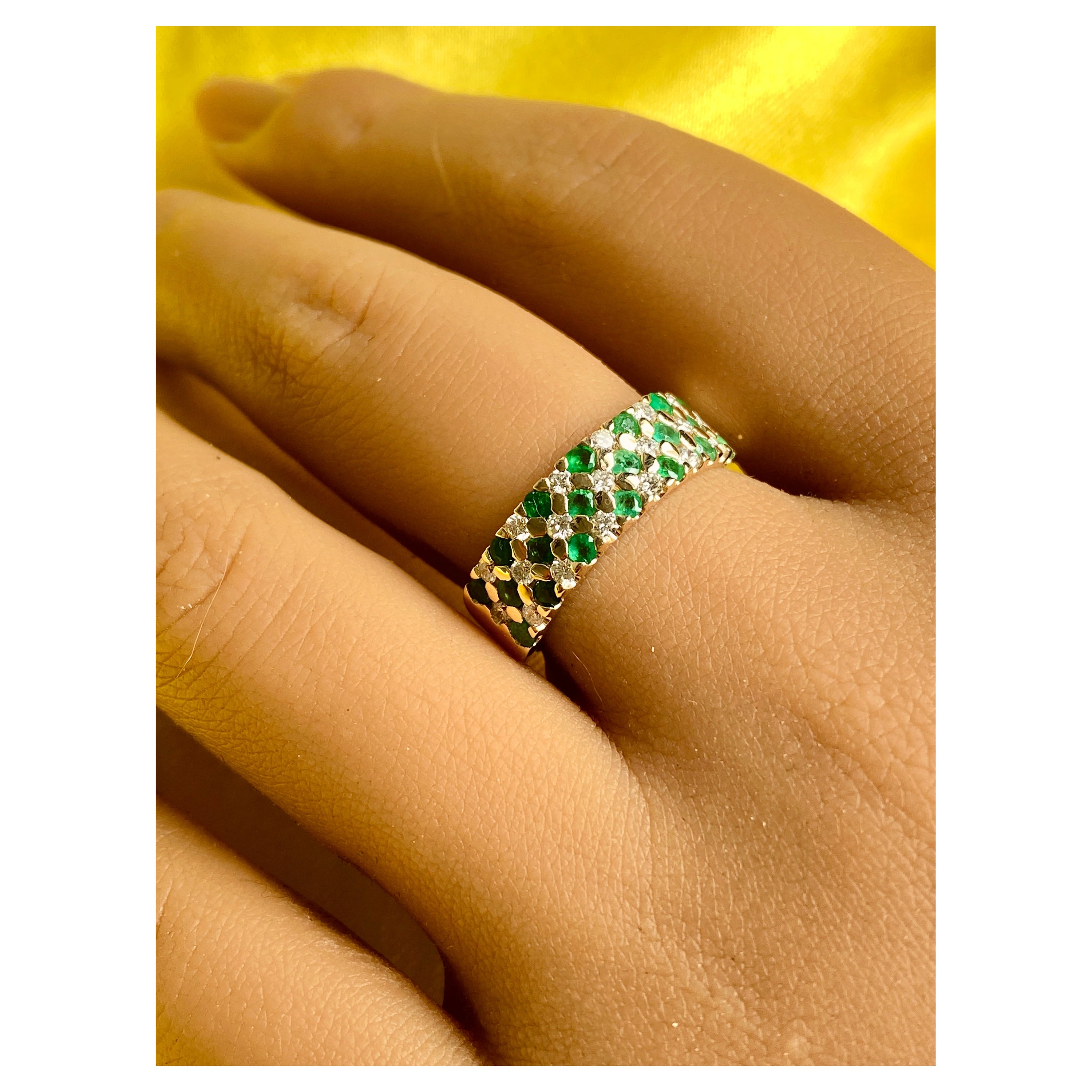 Emerald and Diamond Half band Ring, Natural Gemstones Ring in 14k Yellow Gold  For Sale