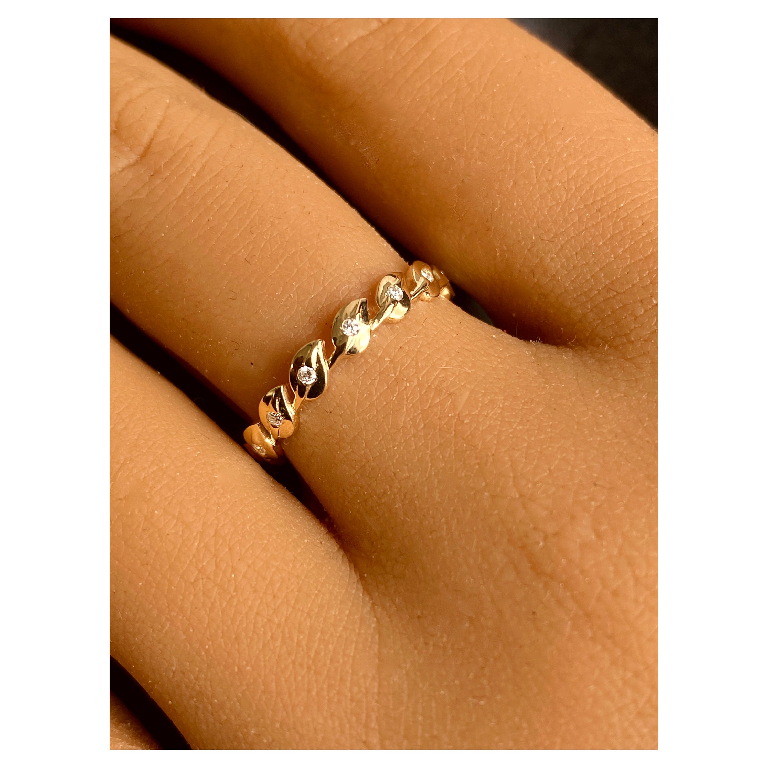Diamond Leaf Band, 14k Solid Yellow Gold Ring, Dainty Diamond Ring Stackable For Sale