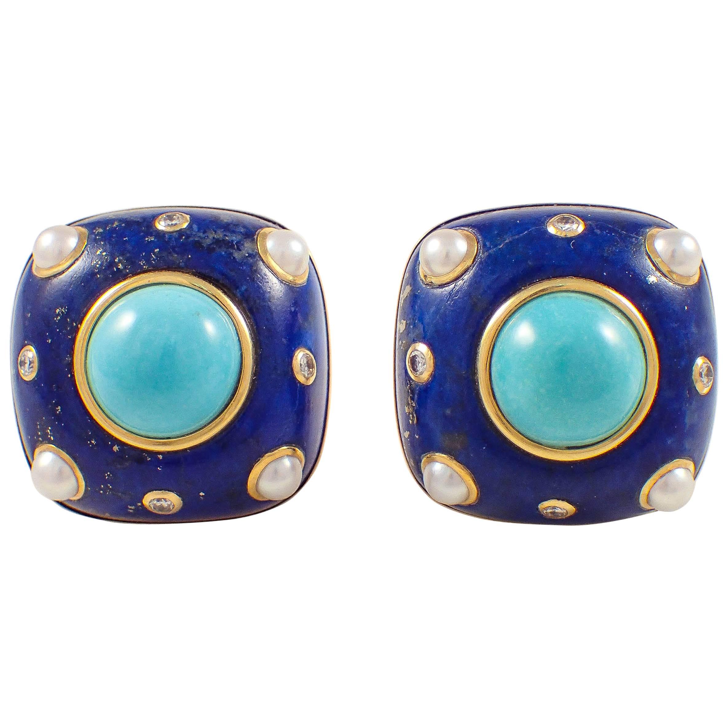 Trianon Lapis Turquoise Pearl Diamond Gold Earrings For Sale