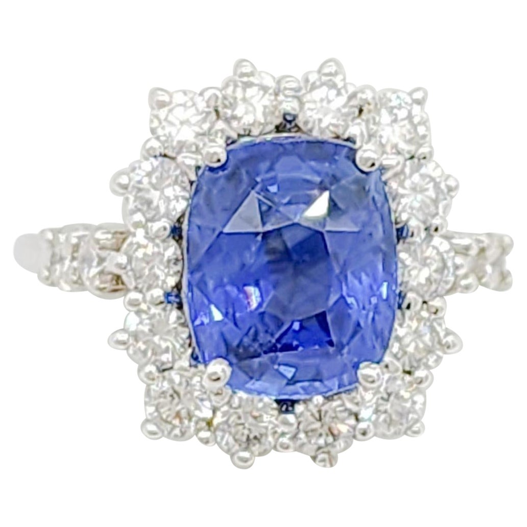 GIA Blue Sapphire Cushion and White Diamond Cocktail Ring in 18k White Gold For Sale