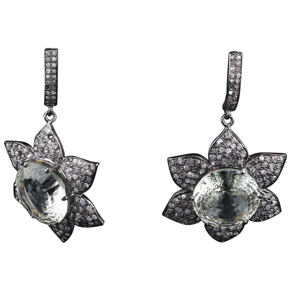 Victorian Style Diamond Silver Earrings, Green Amethyst Floral Dangle Earrings For Sale
