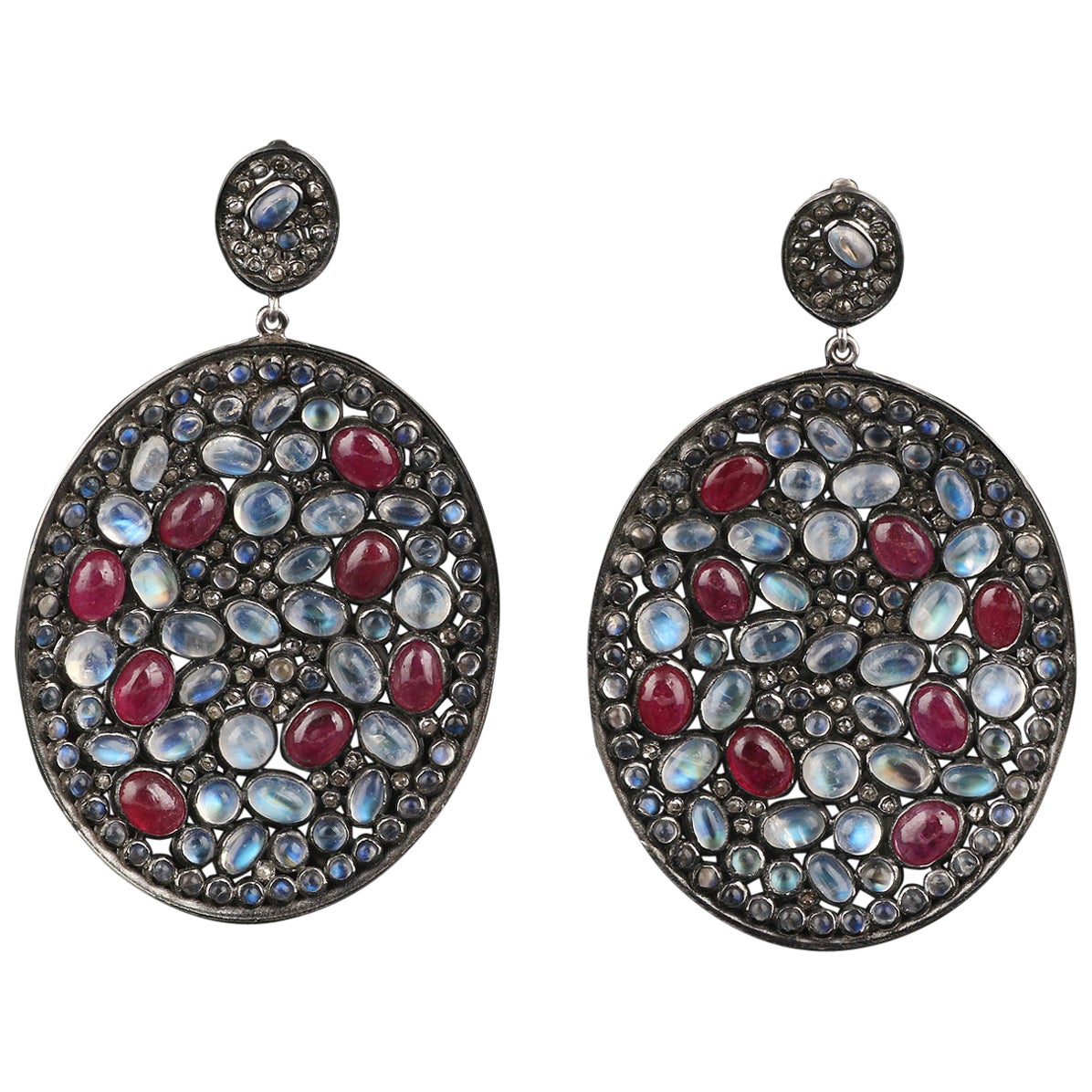 Victorian Style Diamond Silver Moonstone, Pink Tourmaline Dangle Earrings