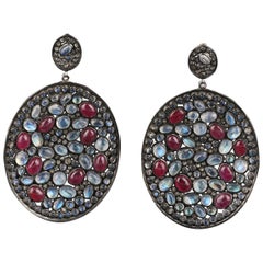 Pendants d'oreilles de style victorien en pierre de lune argentée et tourmaline rose, 72X44