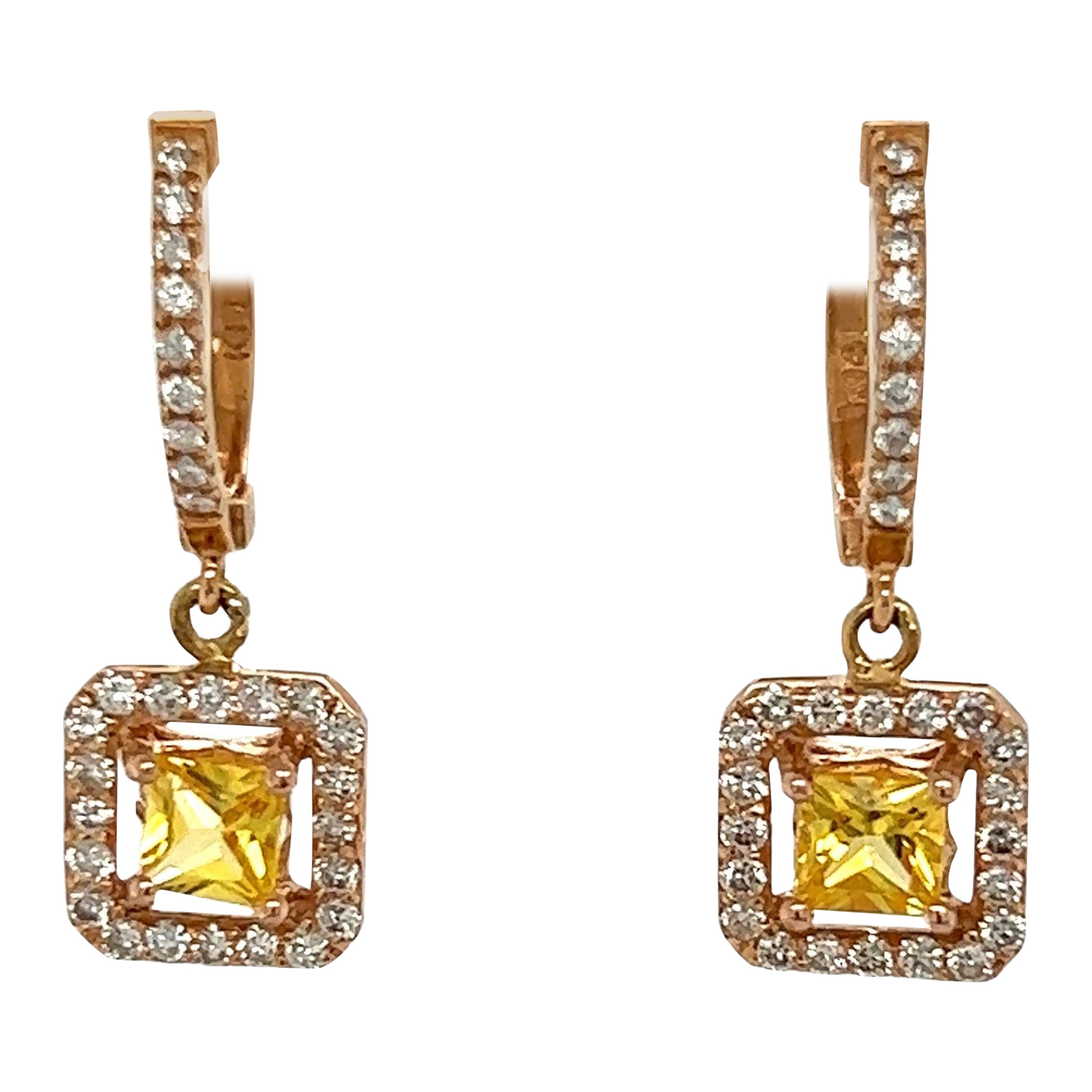 1.71 Carat Yellow Sapphire Diamond Rose Gold Drop Earrings For Sale