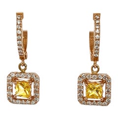 1.71 Carat Yellow Sapphire Diamond Rose Gold Drop Earrings