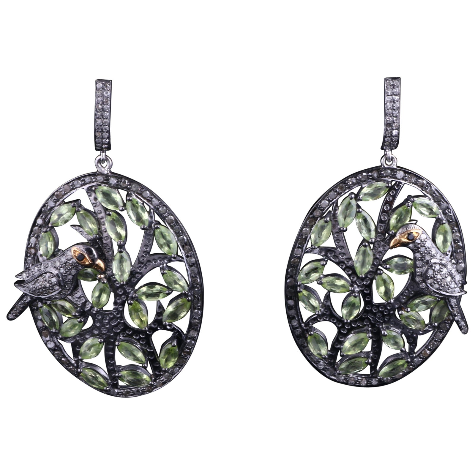Victorian Style Diamond & Green Peridot Gemstone Silver Dangle Earrings For Sale
