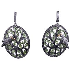 Victorian Style Diamond & Green Peridot Gemstone Silver Dangle Earrings