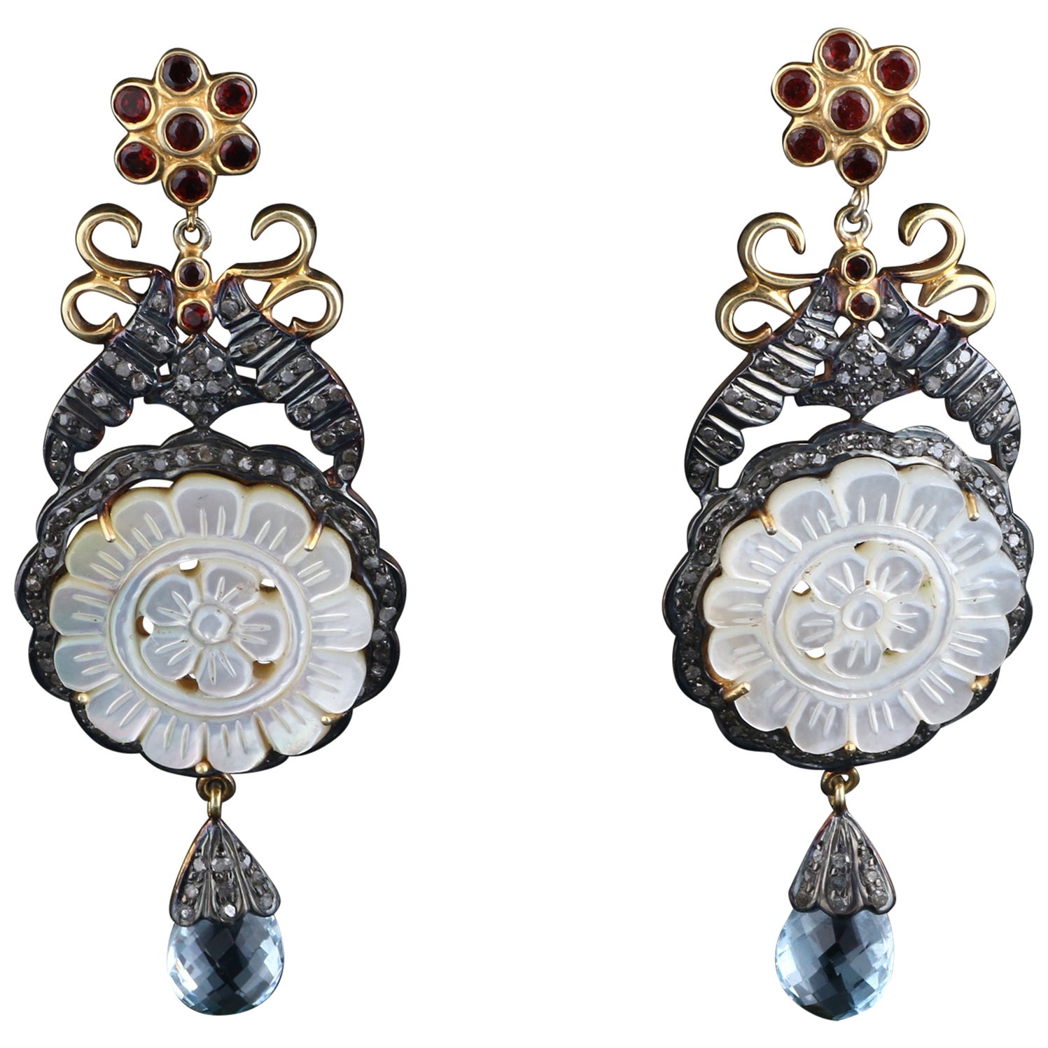 Victorian Style Diamond Blue Topaz, Garnet & MOP Silver Dangle Earrings For Sale