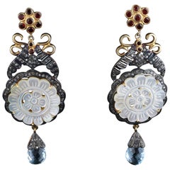 Victorian Style Diamond Blue Topaz, Garnet & MOP Silver Dangle Earrings