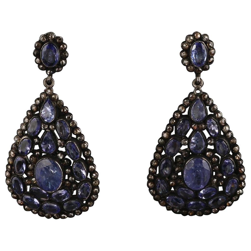 Victorian Style Diamond & Tanzanite Wedding Party Silver Dangle Earrings For Sale