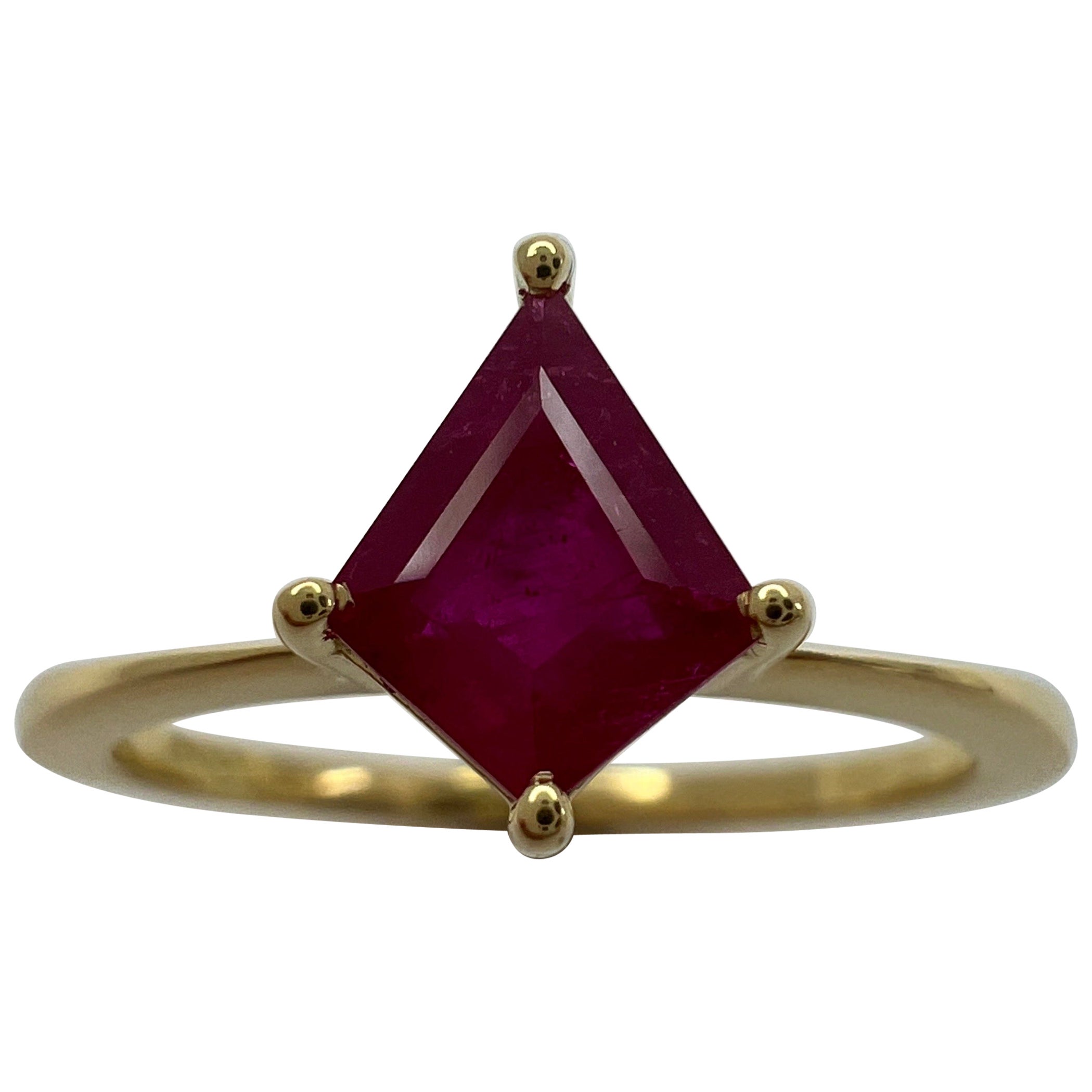 0.73 Carat Pinkish Red Ruby Fancy Kite Cut 18k Yellow Gold Modern Solitaire Ring For Sale