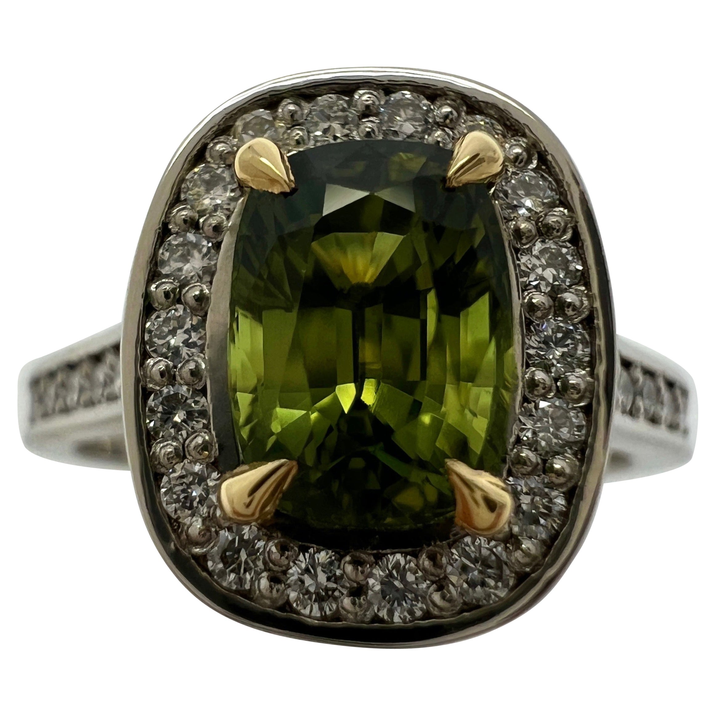 GIA Certified Untreated Vivid Green Thai Sapphire & Diamond 18k Gold Halo Ring For Sale