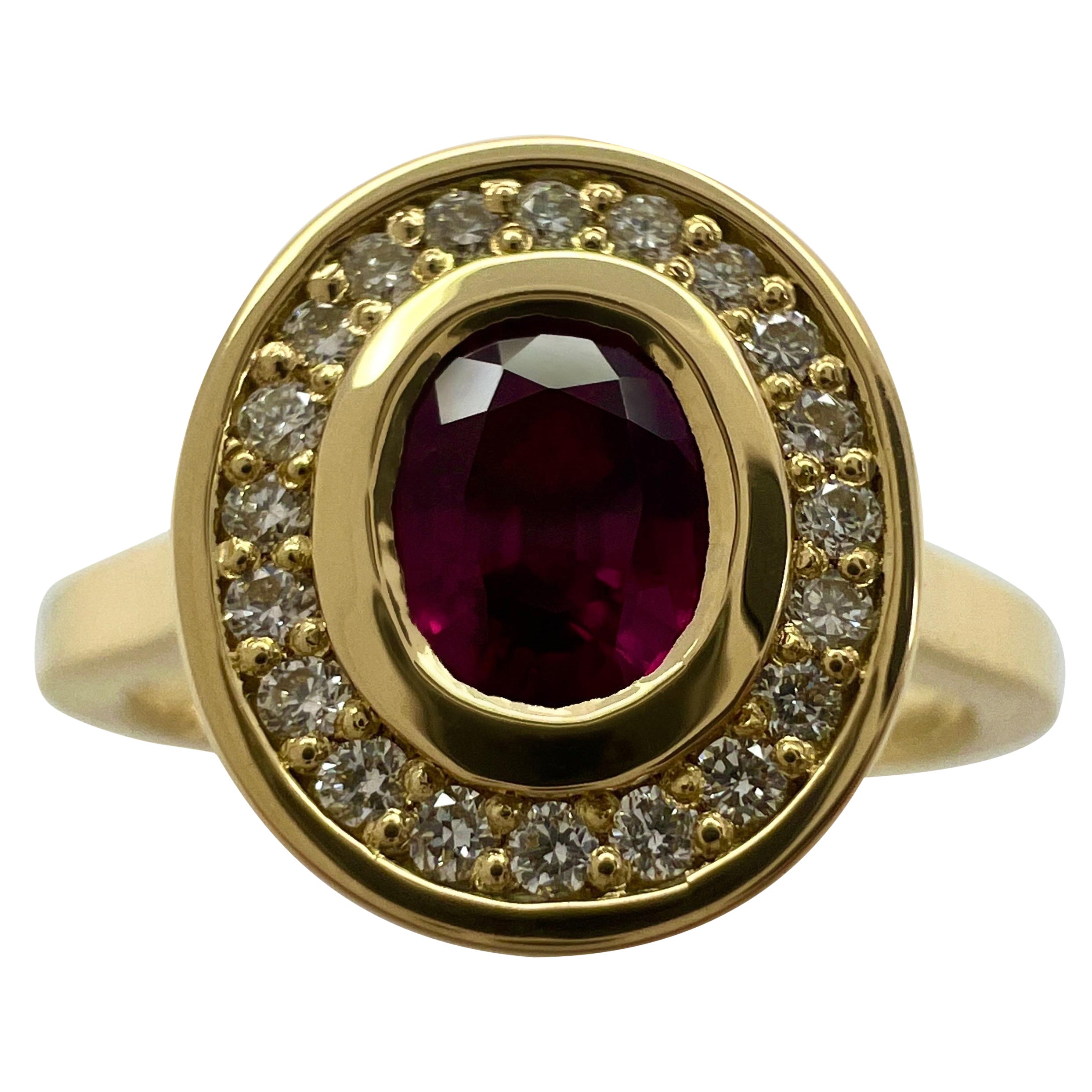 Fine Untreated Deep Red Ruby & Diamond Oval 18k Yellow Gold Halo Rubover Ring For Sale