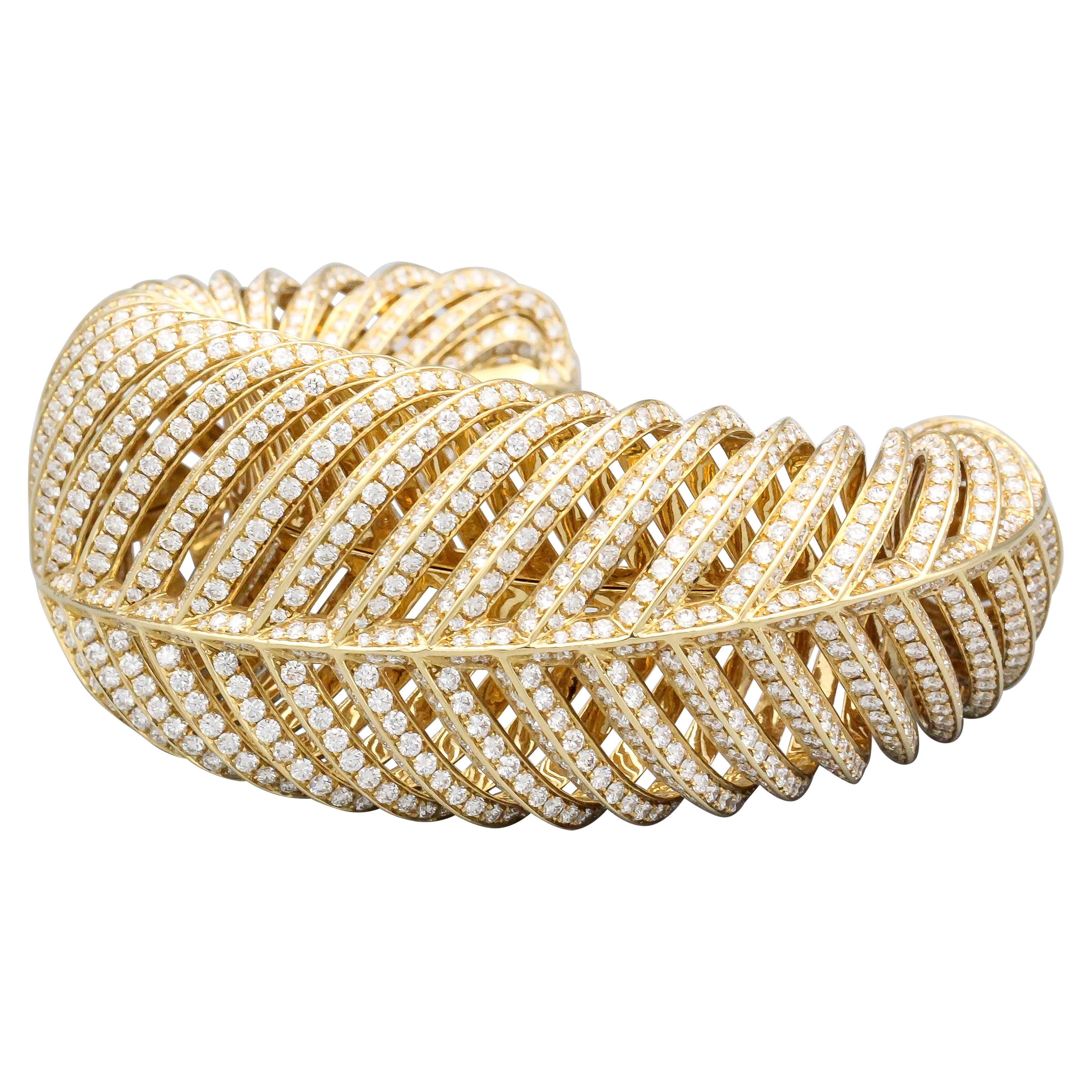 Tiffany & Co. Diamond 18k Gold Feather-Like Cuff Bracelet For Sale