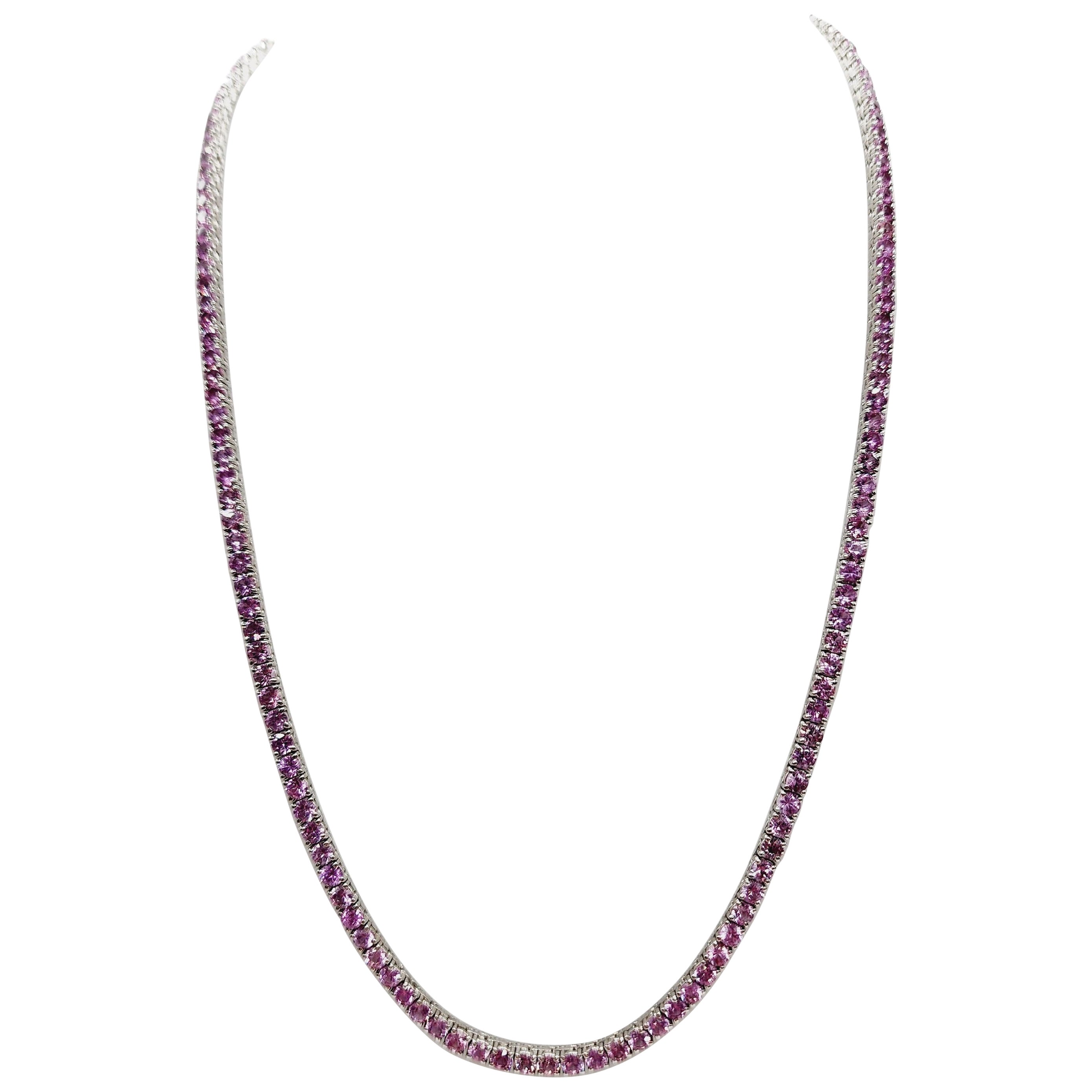 21 Carats Pink Sapphire Tennis Necklace 14 Karat White Gold 20''