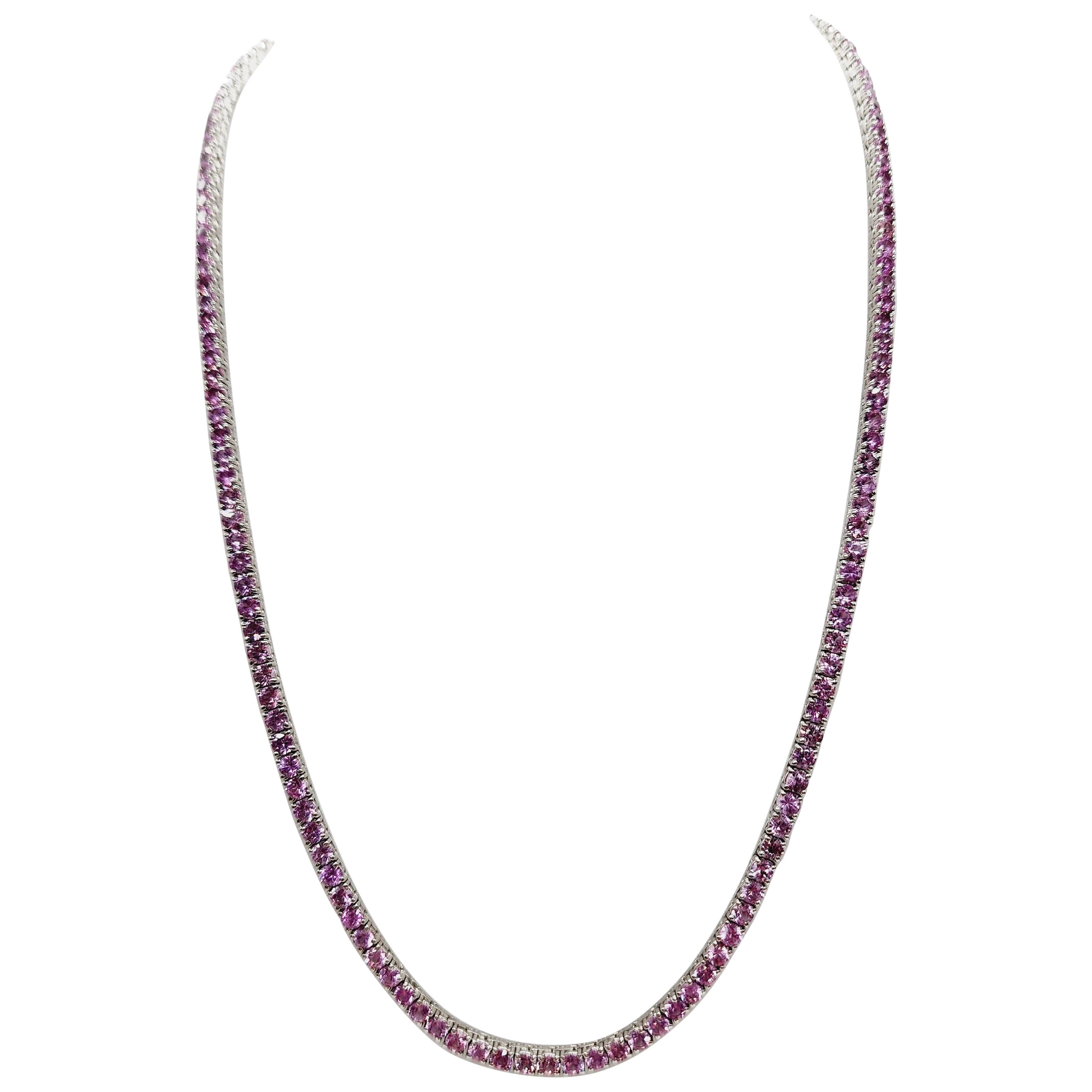 21 Carats Pink Sapphire Tennis Necklace 14 Karat White Gold 20'' For Sale